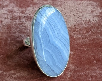 Beautiful Blue Lace Agate & Sterling Silver Ring // Adjustable in Size // Comfortable Statement Ring