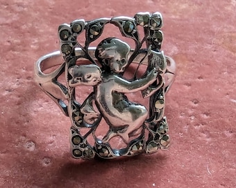 Antique Edwardian Sterling Silver Cherub Ring // Silver & Marcasite Ring // Putti // Angel // Beautiful Detailed Design // Larger Ring Size