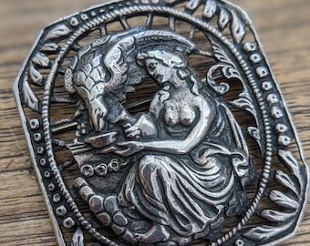 Vintage Goddess Hebe & The Eagle Sterling Silver Brooch // Repousse Silver // Fantastic and Ornate // Greek Mythology // Figural