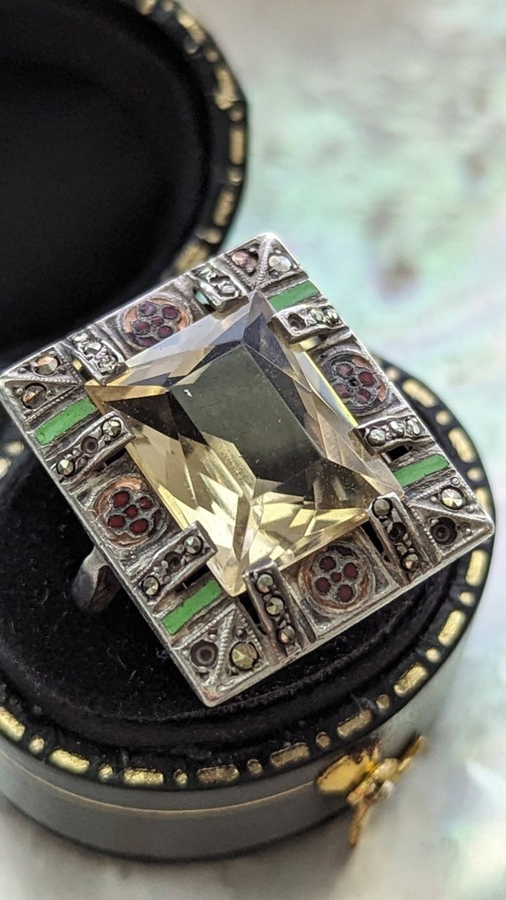 Antique Art Deco Citrine Ring // with Enamel and … - image 2