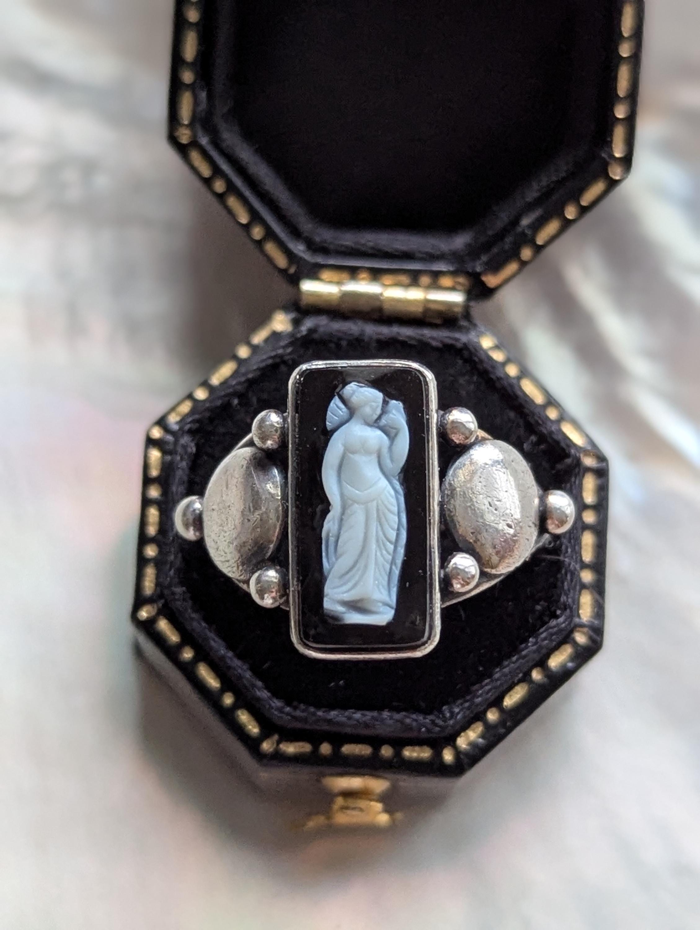 Antique Arts & Crafts Goddess Psyche Hardstone Cameo Sterling Silver Ring // Black Agate Cameo // Mythology Jewelry