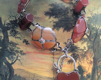 Antique Victorian Scottish Agate Bracelet // Heart Shaped Padlock // Engraved Sterling Silver