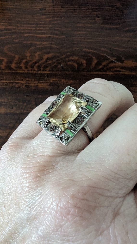 Antique Art Deco Citrine Ring // with Enamel and … - image 7