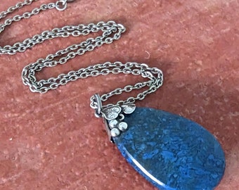 Antique Arts & Crafts Swiss Blue Lapis and Sterling Silver Necklace // Gemstone Drop Pendant // Dyed Jasper // Foliate Cap // Lovely