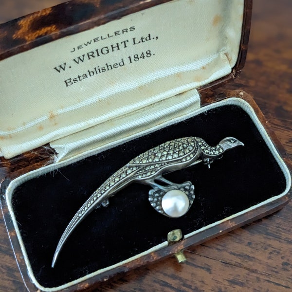 Vintage 1920s/1930s Theodor Fahrner Bird Brooch in Original Box // 935 Silver, Marcasites & Pearl // W. Wright Ltd. Jewellers Box // Rare