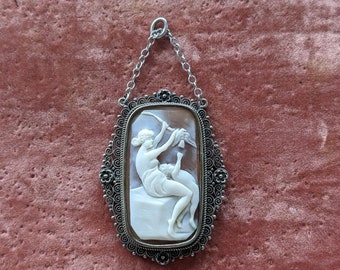 Antique Goddess Venus/Aphrodite & Cupid/Eros Cameo Pendant // Carved Shell Cameo in 800 Silver Frame // Grand Tour Souvenir