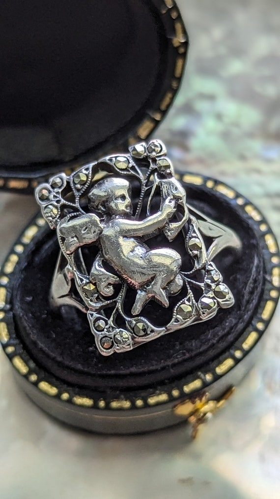 Antique Edwardian Sterling Silver Cherub Ring // … - image 1