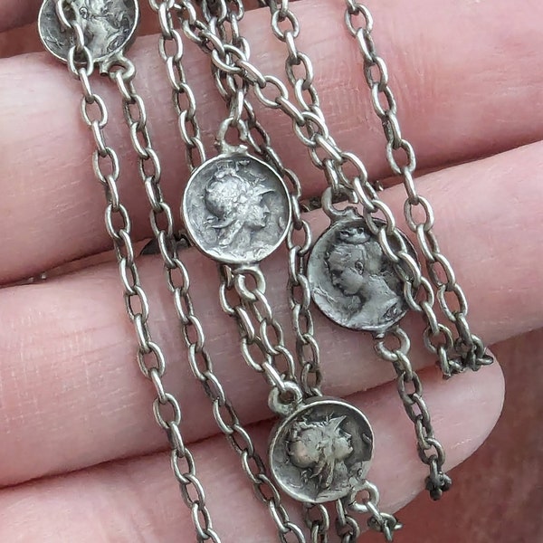 Antique Art Nouveau French Sterling Silver Goddess Artemis & Athena Guard Chain //  Louis Armand Rault Design // Station Necklace Chain