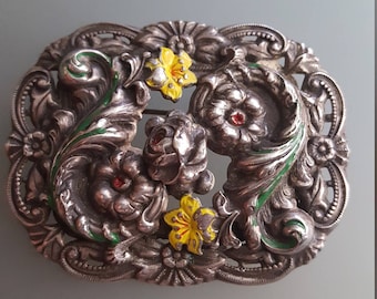 Vintage Repousse Silver & Enamel Brooch // Ornate Floral Brooch // Romantic Gift