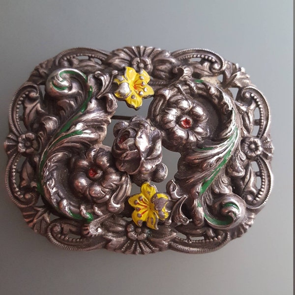 Vintage Repousse Silver & Enamel Brooch // Ornate Floral Brooch // Romantic Gift