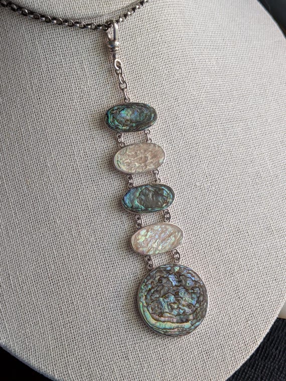 Antique Victorian Abalone, Mother of Pearl & Sterling Fob Necklace // Sterling Silver Chain // Gorgeous Iridescent Fob // Mermaid Necklace