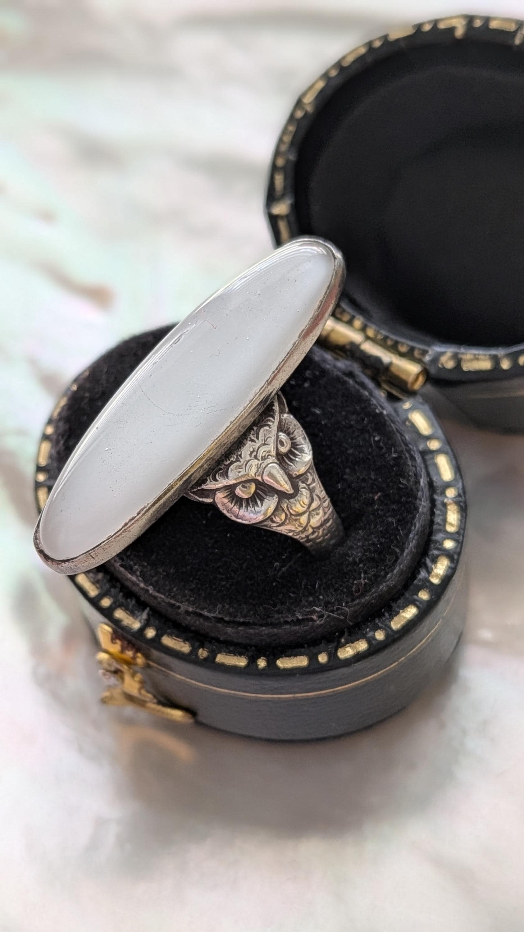 Antique Art Nouveau Sterling Silver Owl ring // Glass "Moonstone" // Fantastic Owl Design 