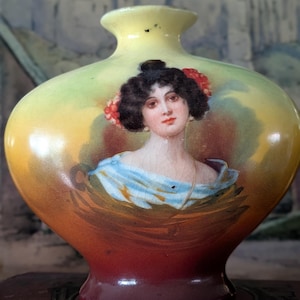 Antique Austrian c. 1890 Porcelain Portrait of a Woman Vase // Robert Hanke Porcelain Factory // Lady with Red Flowers in Her Hair