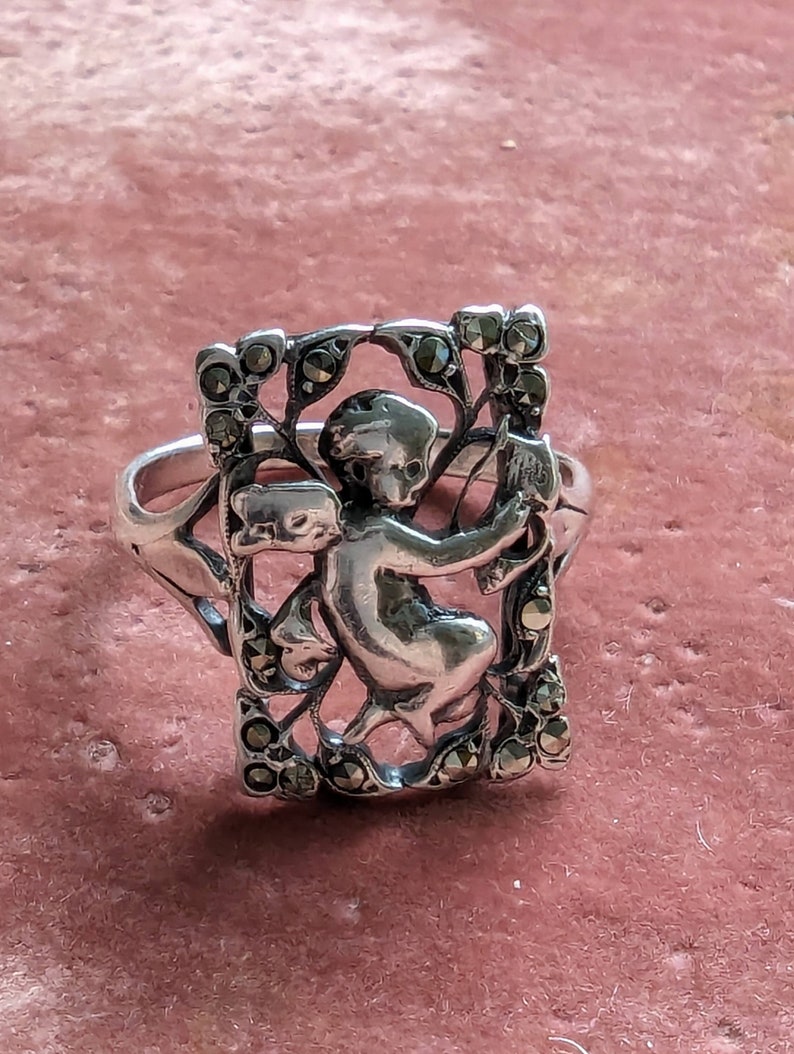 Antique Edwardian Sterling Silver Cherub Ring // Silver & Marcasite Ring // Putti // Angel // Beautiful Detailed Design // Larger Ring Size image 1