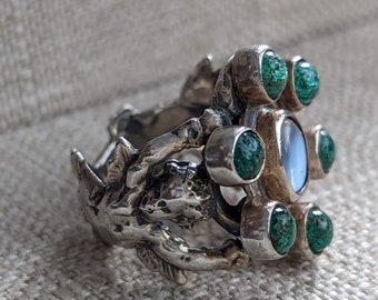 Vintage Sterling Silver Cherubs Moonstone & Emeralds Ring // Putti // Renaissance Revival Style // Neoclassical // Wonderful Figural Ring