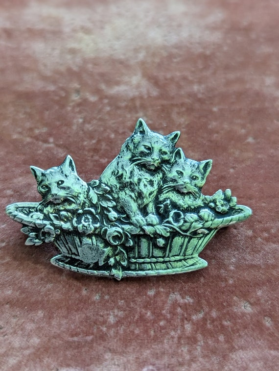 Vintage Victorian STYLE Silver Kittens in a Basket