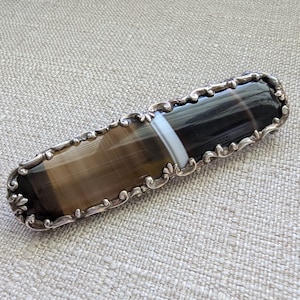 Antique Victorian Scottish Banded Agate Brooch // Large Brooch in Sterling Silver Frame // Beautiful!
