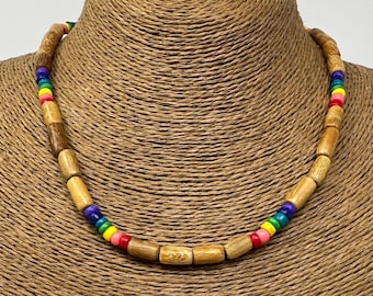 Brown Wooden Necklace - Rainbow Necklace -LGBT Necklace Gay Pride Necklace- Beaded Necklace Rainbow - Multicolour Necklace - Beach Necklace