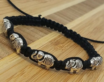 Black Elephant Bracelet - Elephant Charm Bracelet - Black Braided Bracelet - Lucky Elephant Bracelet - Bohemian Jewelry - African Elephant