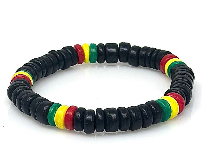 Stretchy Handcrafted Black Rasta Wooden Bracelet