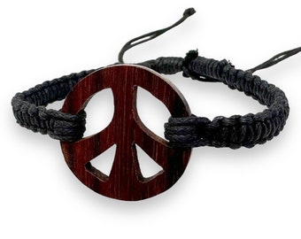 Peace Bracelet - Black Hemp Bracelet - Wooden Peace Sign Bracelet - Black Braided Bracelet - Peace Symbol Bracelet - Brown Peace Sign