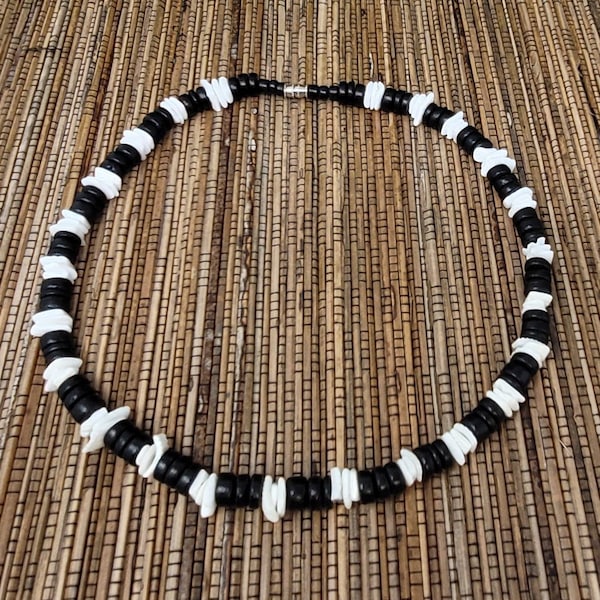 Black and White and Necklace, Puka Necklace, Black Puka Shell Necklace, Beach Necklace, Beach Choker Necklace, Hawaiian Necklace, Surfer