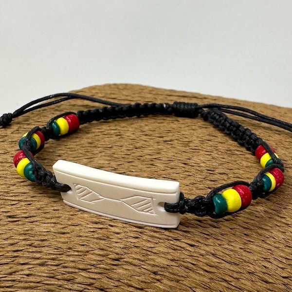 Maori Bone Rasta Bracelet, Braided Rasta Bracelet, Canoe Paddle Symbol Bracelet, Rastafarian Bracelet, Black Braid Bracelet with Rasta Beads