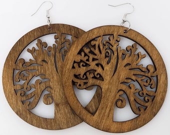 Boucles d'oreilles Arbre de vie - Boucles d'oreilles arbre de vie en bois - Boucles d'oreilles arbre en bois - Boucles d'oreilles en bois marron - Boucles d'oreilles bois marron - Boucles d'oreilles arbre marron Circle