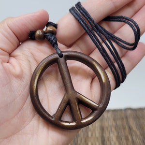 Brown Peace Sign Necklace -Brown Hippie Necklace - Brown Peace Necklace - Brown Peace Pendant -  Adjustable Black Cord-Unisex Peace Necklace