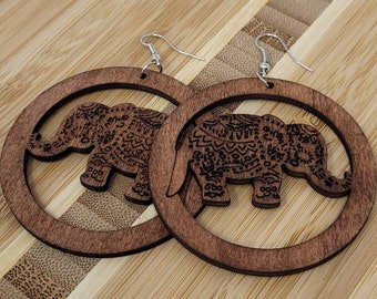 Elephant Earrings, Elephant Earrings Dangling, Earrings Elephant, Wooden Elephant Earrings, Wood Elephant Earrings, Circle Earrings Dangle