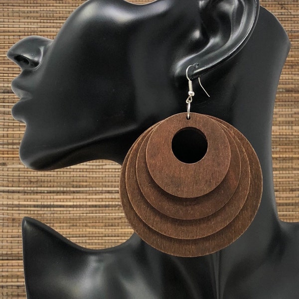 Layered Wood Earrings, Big Wooden Earrings, Huge Earrings, Big Wood Earrings, Brown Earrings Brown Wooden Earrings Multi Layer Wood earrings