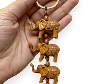 Handcrafted Elephant Cascade Keychain - Artistic Resin Miniature Elephants with Floral Beads - Ethnic Inspired 4" Inches Accessory