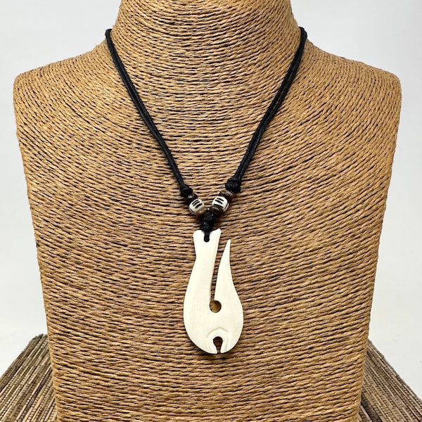 Authentic Maori Hei Matau New Zeland Bone Fish Hook Necklace Pendant with Adjustable Black Cotton Choker Surfer Necklace Fisherman Necklace