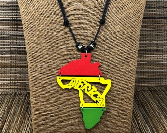 Collier Afrique, pendentif Afrique, collier continent Afrique, collier africain, collier rasta, pendentif en bois Afrique, collier carte de l'Afrique