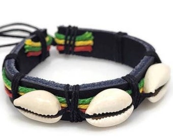 Rasta Bracelet - Cowry Sea Shell Bracelet - Jamaican Bracelet - Black Bracelet - Leather Bracelet - Black Rasta Bracelet- Reggae Bracelet