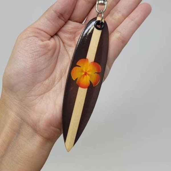 Wooden Surfboard Keryring - Wood Surfboard Keychain - Surf board Keychain - Surf Table Keyring - Surftable keychain - Orange Flower Keychain