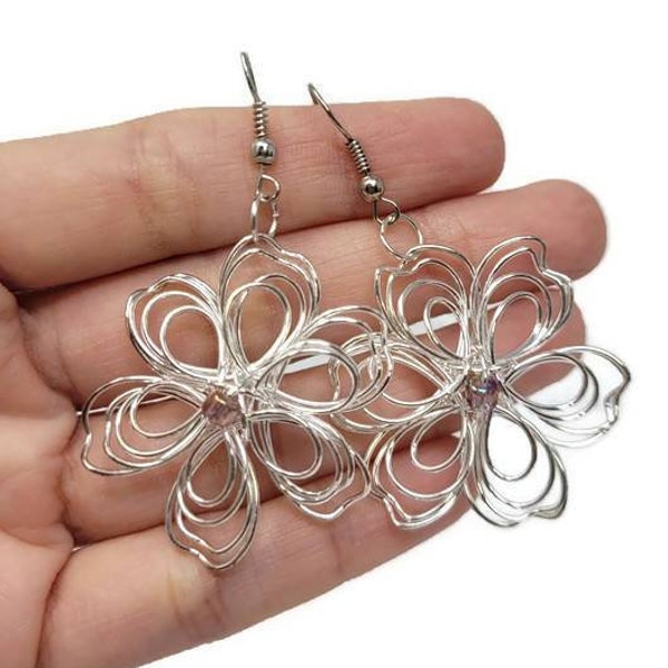 Botanical Earrings - Wire Flower Earrings - Silver Tone Flower - Hawaiian Flower Earring