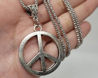 Silver Tone Peace Sign Necklace, Hippie Necklace, Silver Peace Sign Charm, Peace Necklace hippie, Peace Pendant, Peace Necklace Men or Women