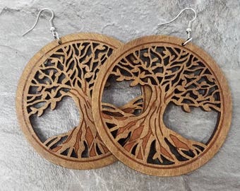 Boucles d'oreilles Arbre de vie - Boucles d'oreilles arbre de vie en bois - Boucles d'oreilles arbre en bois - Boucles d'oreilles en bois marron - Boucles d'oreilles bois marron - Boucles d'oreilles arbre marron Circle