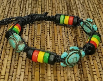 Turtle Bracelet - Black Bracelet With Turtles in Turquoise Color  - Hawaiian Bracelet - Handmade Design
