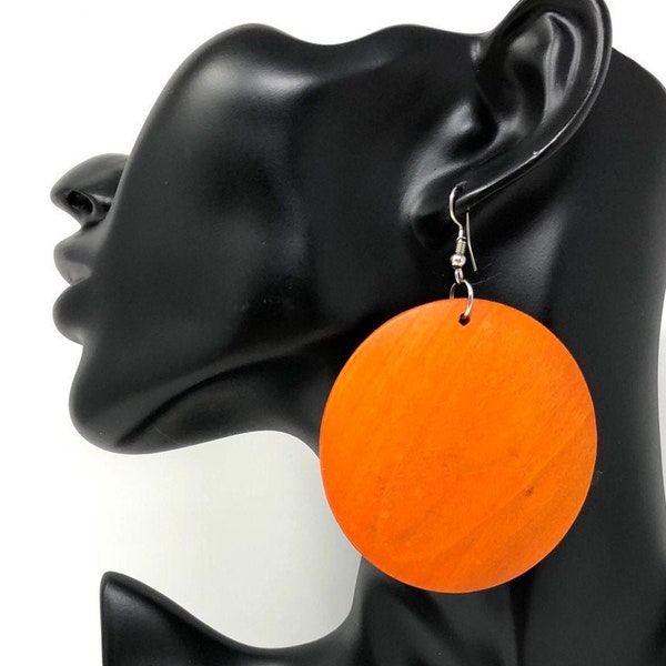 Orange Earrings - Orange Wooden Earrings - Orange Wood Earrings - Orange Circle Earrings -Geometric Earrings-  Rasta Earrings - Orange Moon