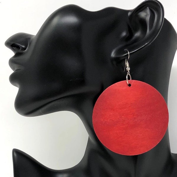 Red Earrings - Red Wooden Earrings - Red Wood Earrings - Red Dangle - Red Circle Earrings -Geometric Earrings-  Rasta Earrings - Ethnic