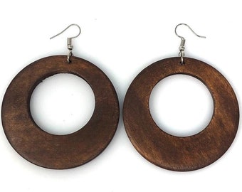 Brown Earrings - Brown Wooden Earrings - Brown Wood Earrings - Brown Dangle - Brown Circle Earrings - Africa Earrings - Ethnic Earrings Wood