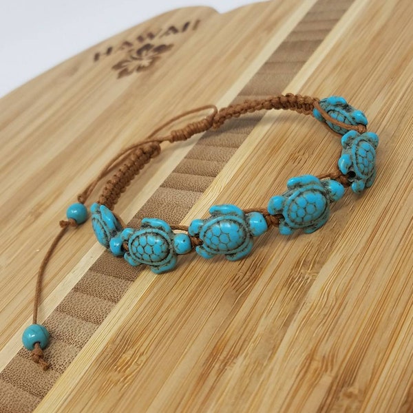 Bracelet tortue chanvre - howlite turquoise tortue de mer tressée chanvre Bracelet-bracelet hawaïen tortue de mer-bracelet tortue brune tressé à la main