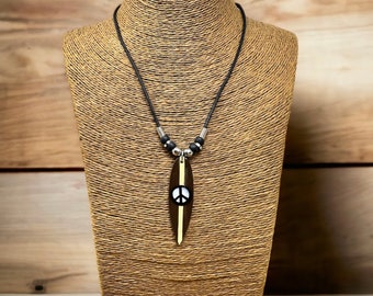 Handcrafted Wooden Surfboard Necklace With Peace Sign