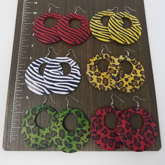 Cheetah Zebra or Giraffe Wood Dangly Earrings Animal Print Wooden Drop Earrings