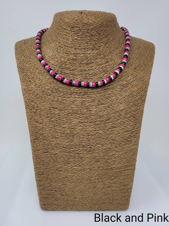 Black and Pink Necklace Thin Puka Shell 