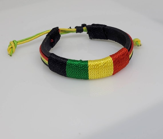 Rasta Leather Bracelet with Cords in Rasta colors Jamaican | Etsy