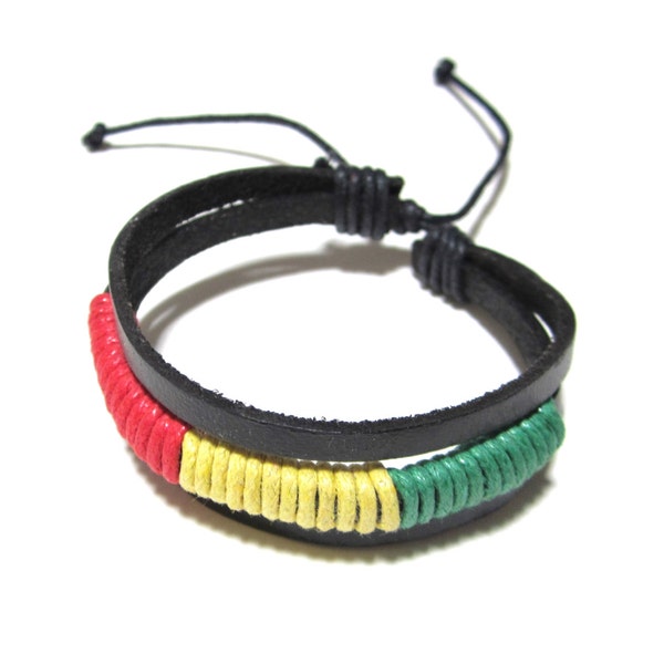 Rasta Bracelet - Black Leather Bracelet - Rastafarian Bracelet - Cuff Leather Bracelet - Unisex Leather Bracelet - Jamaican Bracelet Africa