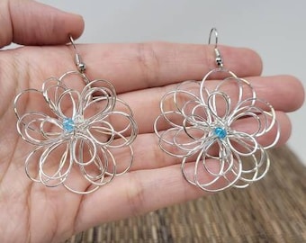 Botanical Earrings - Wire Flower Earrings - Silver Tone Flower - Hawaiian Flower Earrings